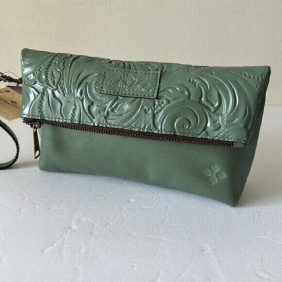 PATRICIA NASH Leath Tooled “Valerie” Wristlet Clutch Fold-Over Pouch Sage Green